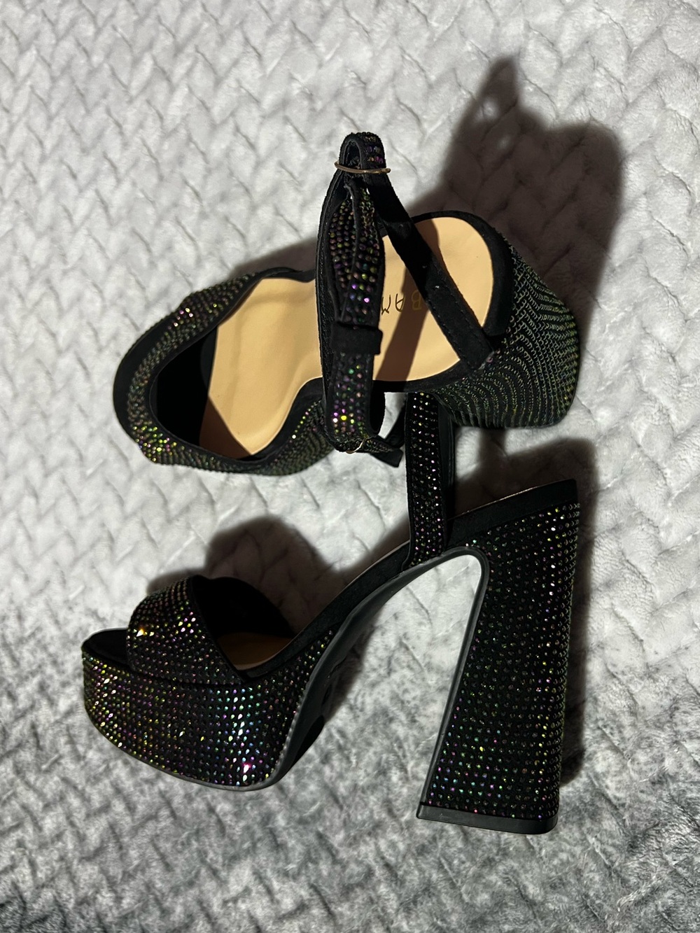 Black Rhinestone Platform Heels with Ankle Strap size 6